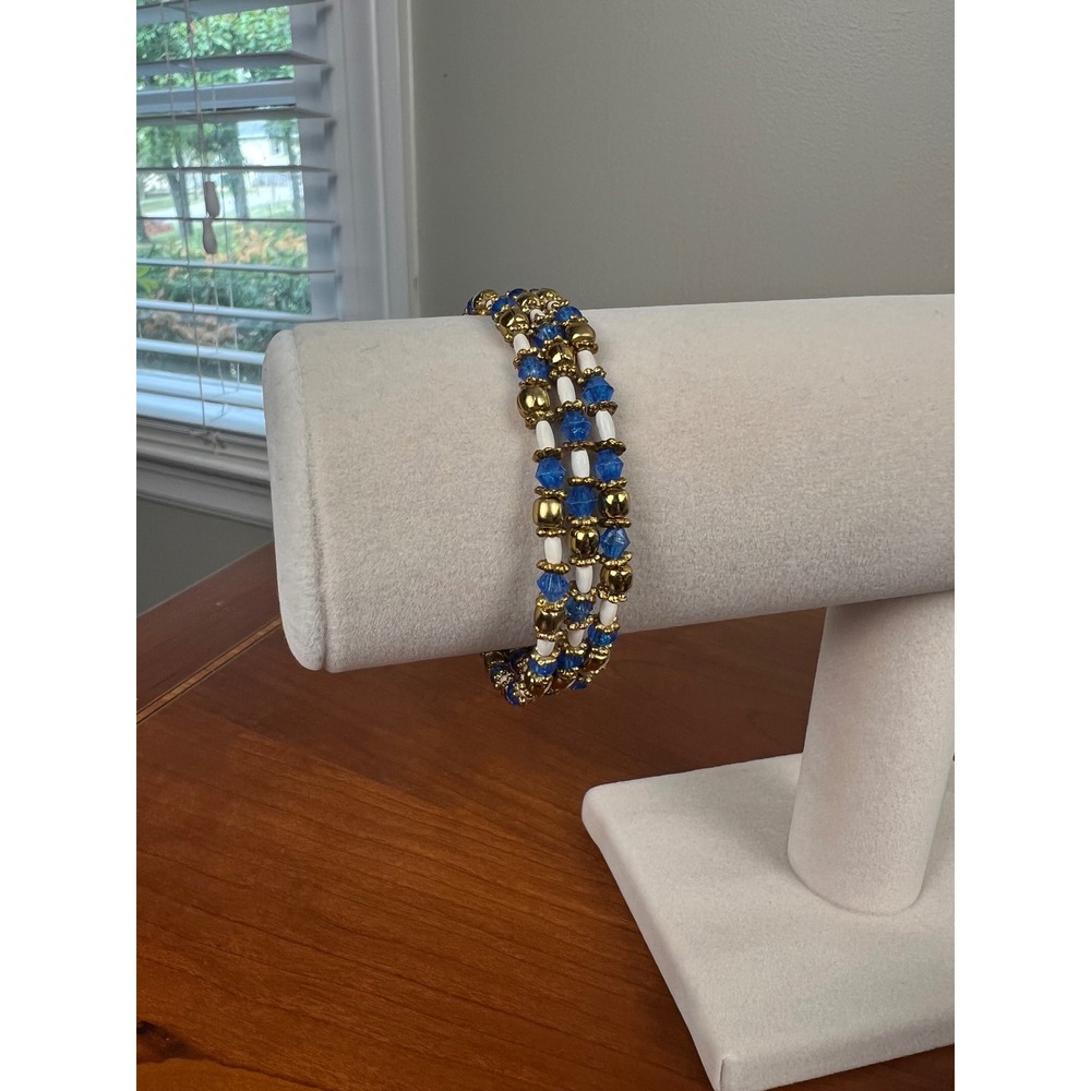 Blue White Gold Beaded Memory Wire Wrap Bracelet Triple Layer Bangle Women